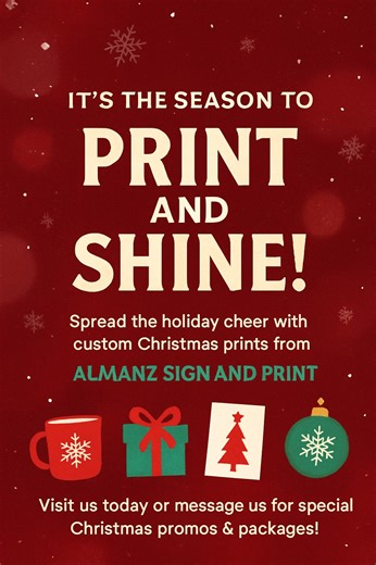 🎅✨ It’s the Season to Print and Shine! ✨🎅 Spread the holiday cheer with custom Christmas prints from Almanz Sign and Print! 🎄 🖨️ Bring your ideas to life this Christmas: 🎁 Personalized mugs, shirts & tumblers – perfect for gifts 🧣 Holiday banners & backdrops – make your parties pop! 💌 Custom stickers, labels & cards – for that festive touch 💡 Lighted acrylic signs & décor – to make your space sparkle 🎀 Let’s make this Christmas colorful, creative, and full of print magic! 📍 Visit us to