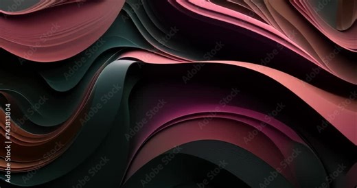 featuring smooth shapes and flowing lines. The color palette consists of dark tones, with highlights of pink, red, and purple that create a feeling of depth and movement