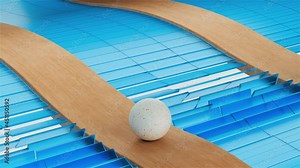 3d render of looped animation with geometric shapes. White balls roll along a wooden road accompanied by rotating stacks. Endless animation. Satisfying calm video