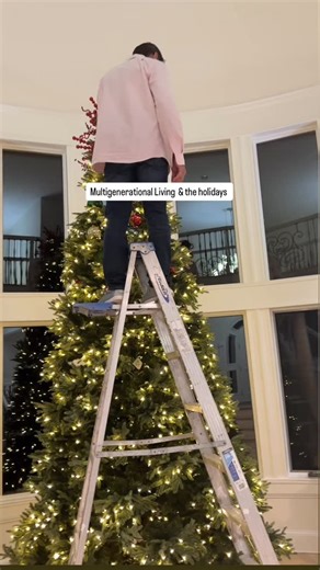 In our multigenerational home… we decorate three trees we have this big one in the center of the house. I put one in our family room and my mom decorates one in her den where my dad and her watch their Hallmark movies at night.!😌 How about you? Do you decorate one or multiple trees? | DIY Four Generations One Roof