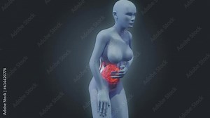 Stomach pain 3D render visualization of semitransparent woman body gestures and pain spot
