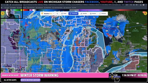 Join Michigan Storm Chasers LIVE for a winter weather briefing this evening, January 18th, 2026, as we discuss blizzard-like conditions Monday, plus cold & snow chances throughout the rest of the week. – About the Michigan Storm Chasers – Established in 2022, MSC provides wall-to-wall coverage for the entire state of Michigan from beginning to end during all severe weather events big and small. In 2024, MSC went live for every single severe thunderstorm and tornado warning in the state, and have
