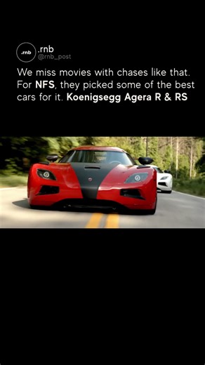 .real news brand on Instagram: "NFS was a great car and racing movie. The 2014 Need for Speed movie featured three Koenigsegg Agera cars in key scenes, especially the opening illegal race that kills Pete and the final De Leon showdown. Production called them Agera R models, illegally imported hypercars owned by Dino's uncle, pushing over 1140 horsepower on E85 biofuel with twin-turbo 5.0-liter V8s and carbon fiber everything for insane speed and handling. Since real Agera R examples were too rar