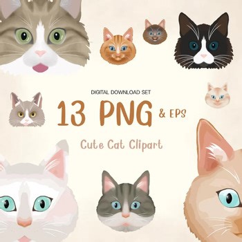 Cute Cat Face Clipart PNG EPS | Kawaii Kitty Illustration
