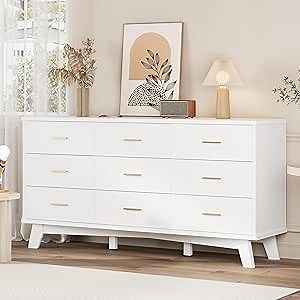 Dresser for Bedroom, 9 Drawer Wide Modern Chest of Drawers with X-Shaped Sturdy Base, Wood Double Dresser Closet Clothes Storage Organizer, Wooden TV Stand for Living Room, Hallway, White