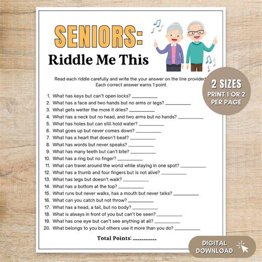 Senior Riddles Game Printable, Riddle Me This Trivia for Seniors, Brain Teasers Activity for Elderly Groups & Parties - Etsy