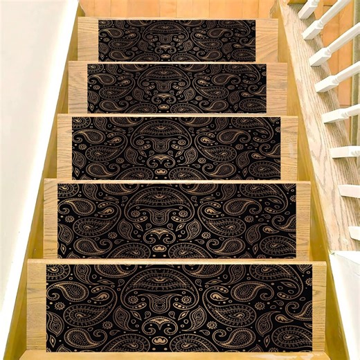 Black Paisley Stair Treads Rug, Non Slip Bandana Pattern Carpet for Wooden Steps Decor - Etsy