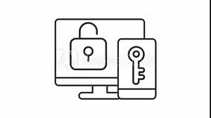 Authentication line animation. Key inside mobile phone opens lock on computer desktop animated icon. Multi factor. Black illustration on white background. HD video with alpha channel. Motion graphic