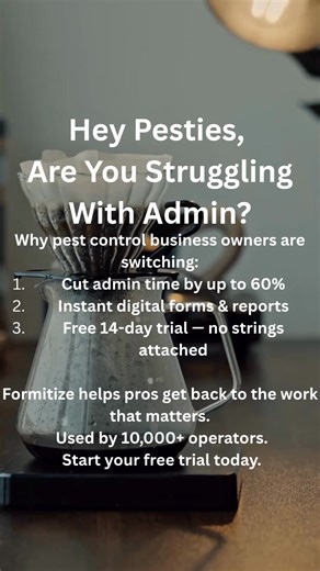 Stuck in the dark ages of pen and paper? Scaling your pest control business is tough when you're drowning in messy processes. What if you could sync everything, everywhere? Formitize: pre-built forms, instant scheduling, on-the-go invoicing & easy setup. Ready to level up? | Formitize