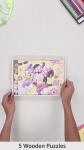 Disney Minnie Mouse 5 Wood Jigsaw Puzzles in Wood Storage Box