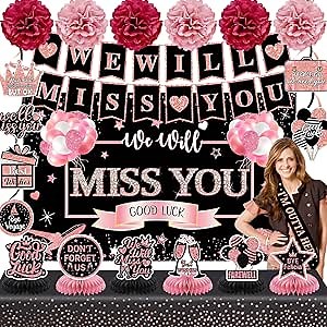 Farewell Party Decorations Supplies Kit,Rose Gold We Will Miss You Decorations Include We Will Miss You Banner Backdrop Table Toppers Paper Pompoms Going Away Party Hanging Swirls Decorations