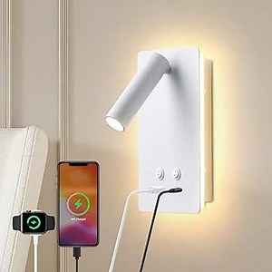 MOLUOLA LED Wall Lamp Wall Mounted Reading Lights, Adjustable Headboard Plug in Wall Sconce with USB C+A Ports, Headboard Bedside Lamp with 9W+3W Night Light 3000K (White)