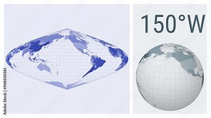World Map Animation. Sinusoidal projection. Colored countries style. Animated world map in Sinusoidal projection. Loopable animation showing longitude shift and matching globe.