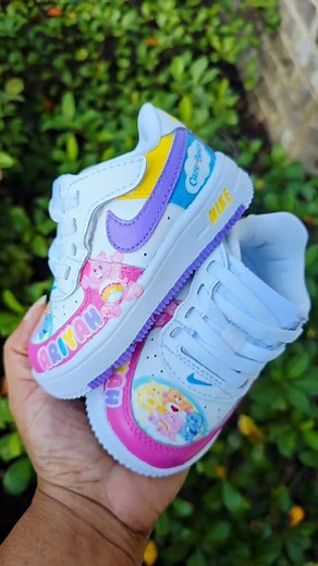 Watch us make Care bear air force ones and a Denim skirt set💖 #1stbirthday #carebear #sneakerhead #customsneakers #customaf1 #fyp | Pink Toes & Hair Bows