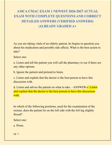 AMCA CMAC EXAM 1 NEWEST 2026 2027 ACTUAL EXAM WITH COMPLETE QUESTIONS AND CORRECT DETAILED ANSWERS VERIFIED ANSWERS