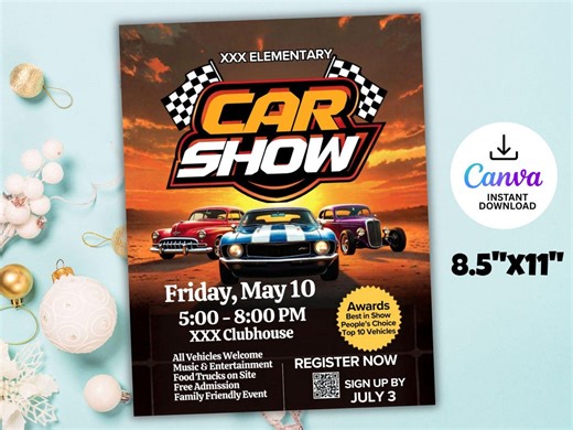Car Show Flyer Template | Editable Canva Car Show Poster | Classic Car Event Flyer | QR Code Registration | Community Event - Etsy