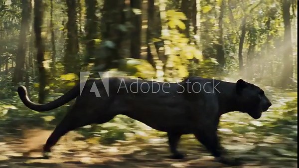 A black panther running fast through a lush green jungle environment, showing power and hunting movement in nature.