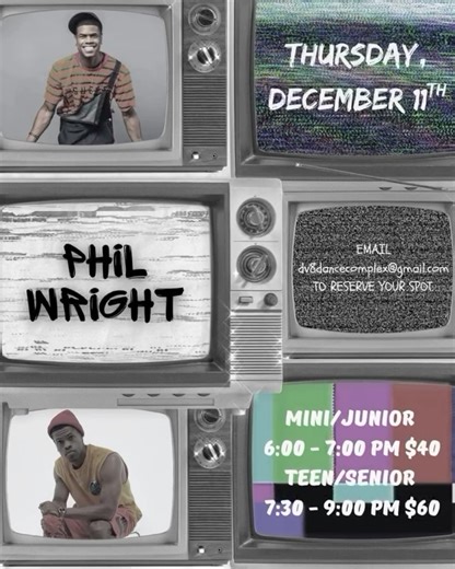 DV8 Dance Complex, LLC on Instagram: "PHIL WRIGHT COMES TO DV8 🔥🔥🔥 December 11th, don’t miss your chance to take from the best. Look at the post for more info regarding ages, times, and costs. Please email the studio office to reserve your spot. 📧 Phil Wright is the executive producer and choreographer of Disney Fam Jam — the Disney Channel’s family dance competition inspired by his viral movement The Parent Jam™, uniting families worldwide through dance, positivity, and love. With credits w