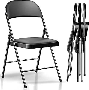 4 Pack Folding Chair, Comfortable Padded Seats with Leather - like Cushion Folding Chairs, Foldable Chair with Durable Steel Frame, Saving for Home and Office Use, for Indoor and Outdoor Event (Black)