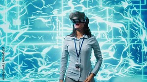 IT expert using VR headset, programming artificial intelligence computing simulating human brain. Technician uses virtual reality technology to build AI machine learning algorithms, camera A