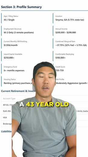 Case File #2: single, 43, Georgia, ~$250K income, $250K saved in cash.. and no Roth, no HSA, no brokerage, no structure. The average US savings account pays 0.38% (FDIC), and even a good high-yield account doesn't fix paying full tax on everything while the pile holds still. The plan repositioned what he already had: backdoor Roth, an HSA once he's on a qualifying high-deductible plan, first LLC, and the longer-term anchor of a home with an ADU as a short-term rental (7-day-average-stay rule mat