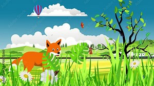 Red fox on wild natural landscape cartoon 2d animation