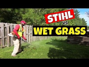 Cutting tall grass with weed eater