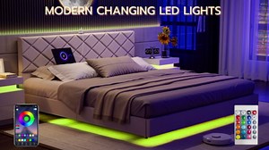 IKIFLY King Size Floating Bed Frame with Type C & USB Port, Modern Upholstered Linen King Platform Bed with LED Lights, No Box Spring Needed, Solid Wood Slats - Beige