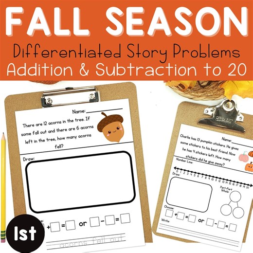 1st Grade Fall Word Problem Math Worksheets: Addition & Subtraction Story Problems to 20 - Etsy
