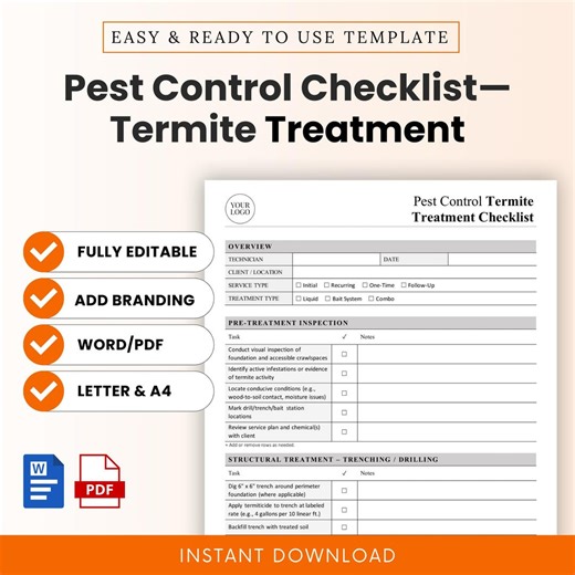 Pest Control Termite Treatment Checklist Template - Word & PDF, A4   US Letter - Etsy