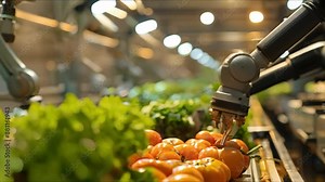 Automated crop sorting using robotic arms. Concept Agricultural Technology, Robotic Arms, Crop Sorting, Automation, Efficiency