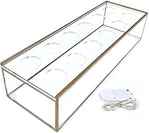 Flower Decor Acrylic Vases centerpieces - Rectangle Vase with Gold Trim and Fairy Light, Low Floral Acrylic for Centerpleces Modern Decor for Wedding Decorations, Living Room Decor or Dining Tables