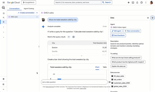 Break down the knowledge walls and say goodbye to time sinks with Conversational Analytics in BigQuery—in preview. Now you can create context- and business-aware agents right where the data lives, so that all users get smart insights, coached by trusted analysts, without ever having to wait for answers in a queue or learn SQL → https://goo.gle/4kR0NS5 | Google Cloud