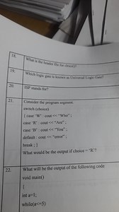 What is the header file for clrscr()?Which logic gate is know... | Filo