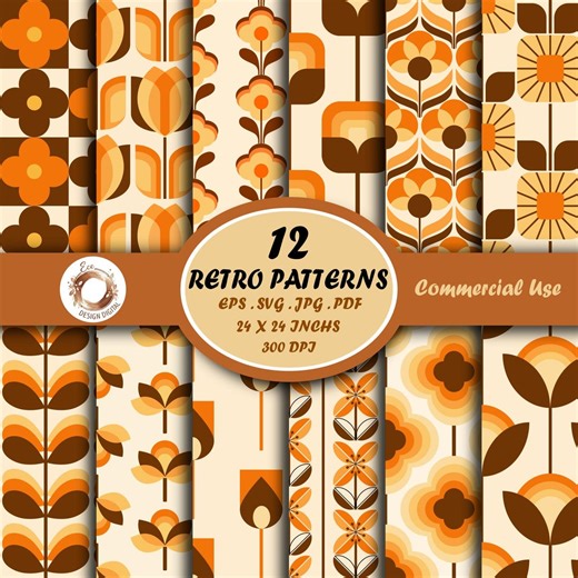 Mid Century Modern Floral Patterns, 70s Retro Seamless Backgrounds (eps, Svg, Jpg, Pdf Set) - Etsy UK