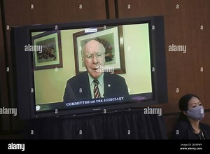 U.S. Senator Patrick Leahy (D-VT) speaks remotely via video during the second day of Senate Judiciary Committee confirmation hearings on the nomination of Judge Amy Coney Barrett to serve on the U.S. Supreme Court on Capitol Hill in Washington, U.S., October 13, 2020. Photo by Leah Millis/Pool/Sipa USA Stock Photo - Alamy