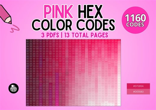 1160 Hex Codes: Pink Shades Chart for Branding, Web and Graphic Design | Printable Palette Samples, Color Swatch for Artists & Students - Etsy