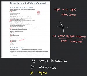 Refraction and Snell's Law Worksheet Section 1: Multiple Choice... | Filo