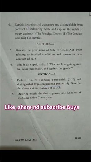 #shorts#2025 gndu commercial law question paper ##b.com 2nd sem