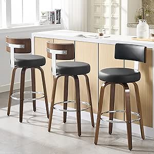 Bekrvio Swivel Counter Height Bar Stools Set of 3, Faux Leather Kitchen Stools Upholstered Barstools with Back, Walnut Wood Legs, Mid Century Island Chairs Counter Stools, 26" Seat Height, Black