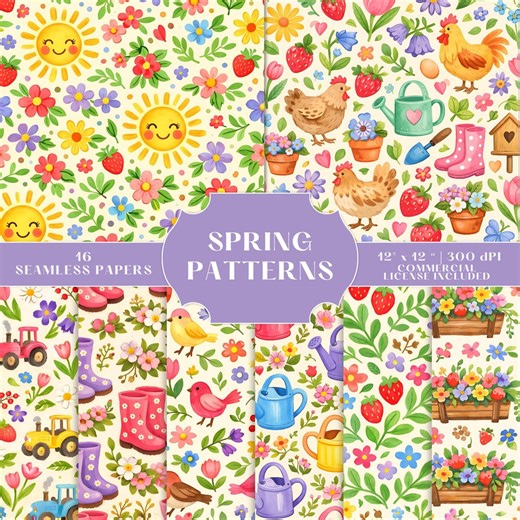 Spring Seamless Digital Paper, Floral Garden Farm Backgrounds, Commercial Use - Etsy