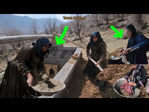 A brave mother and her daughters: building a hut and cooking in the mountains