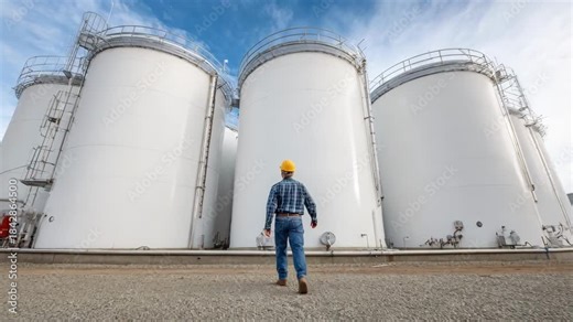 Farmer inspecting large dairy manure digester tanks at a clean energy farm converting cow waste into renewable biogas power in a rural agricultural setting.