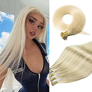 Blonde I Tip Hair Extensions For Women, 22 Inch Platinum Blonde iTip Long Real Human Hair Microlink Extensions Premium Quality Pre Bonded Keratin Fusion Stick Hair Extensions #60 50Strands/50G