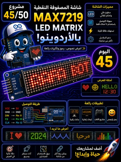 📟 اليوم 45 من سلسلة 50 مشروع 🔥 تشغيل شاشة MAX7219 LED Matrix بالأردوينو واحدة من أشهر الشاشات المستخدمة لعرض النصوص والرموز المتحركة 👀 يمكنك عرض: 📝 نصوص متحركة 😊 رموز وإيموجي ⏰ ساعات رقمية 🎮 تأثيرات ضوئية رائعة 🔌 طريقة التوصيل: VCC → 5V GND → GND DIN → Pin 11 CS → Pin 10 CLK → Pin 13 الكود جاهز 📦 تابع السلسلة من البداية 🚀 #اردوينو #الكترونيات #Arduino #MAX7219 #LEDMatrix