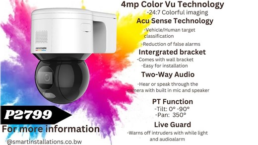 Introducing our Mini Pan Tilt ColorVu Camera. With horizontal and vertical rotation for expanded video coverage. Zoom capabilities. Human-Vehicle detection. Linked audible and visual alarm, built in microphone and speakers for 2 way communication. And 24/7 colour. | Smart Installations