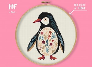 Scandi Penguin Cross Stitch Pattern, Floral Animal Embroidery, Folk Art Needlepoint, Scandinavian Style Xstitch, Winter Holiday DIY Craft - Etsy