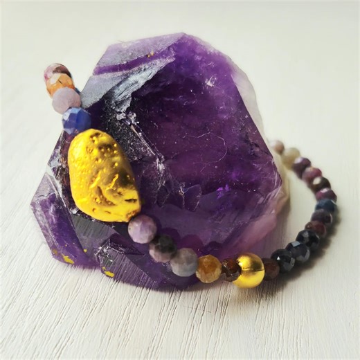 Raw Ruby Sapphire Protection Bracelet | Faceted Gemstones, Hammered Gold Medallion