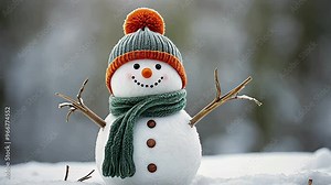 Little snowman in a cap and a scarf on snow in the winter. Christmas card with a lovely snowman, copy space Stock Video