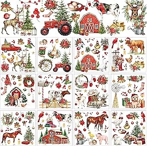 Christmas Rub on Transfer Sticker - 12 Sheets Winter Vintage Farmhouse Rub on Transfers for Crafts and Furniture Decals, Cardinal Bird Home Stickers Decal for DIY Table Cabinet Creative Decoration